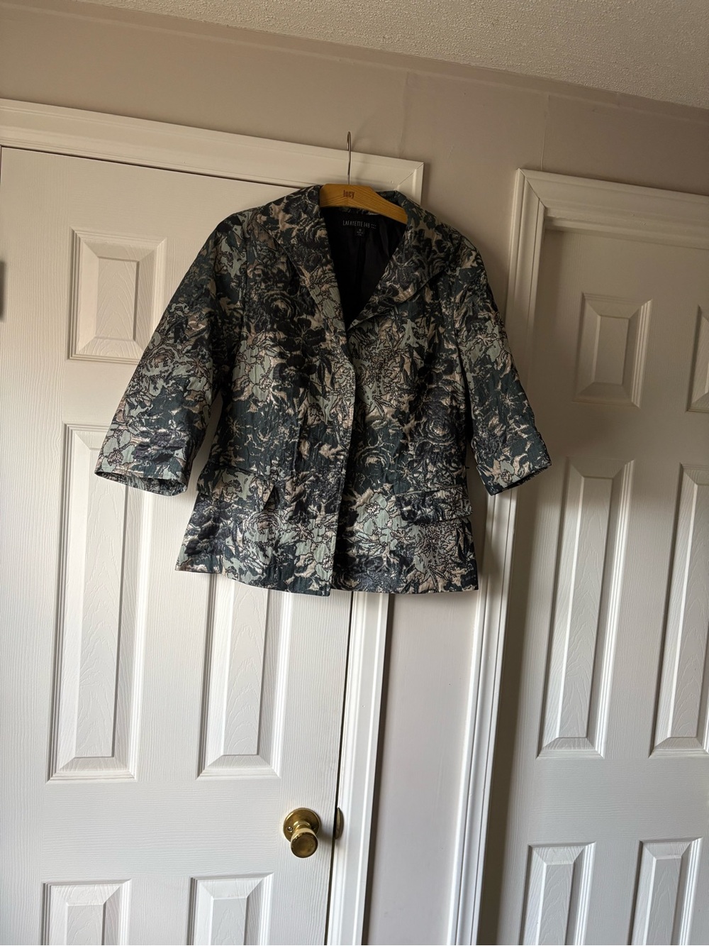 Lafayette 148 New York Floral Jacquard Blazer in Slate Blue and Cream